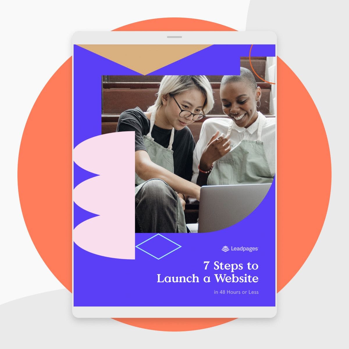 Tablet mockup of guide from Leadpages: 7 steps to launch a website