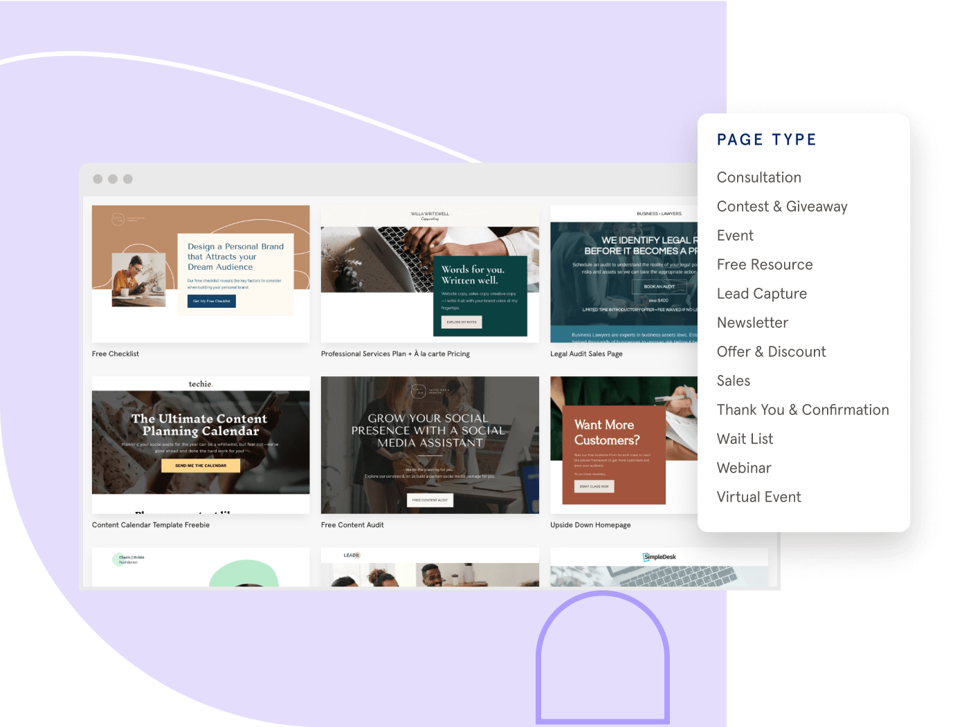 template gallery with landing page templates and a list of page types