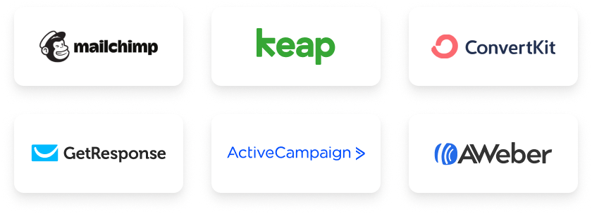 leadpages integrations logos: mailchimp, keap, convertkit, getresponse, activecampaign, aweber